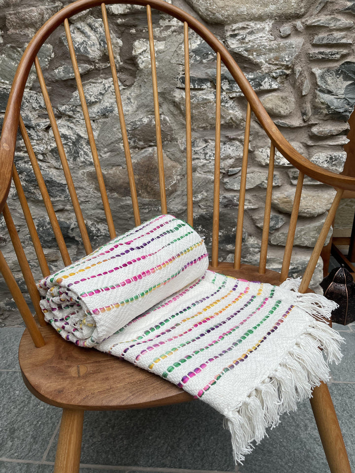 Small Rainbow Throw with White Cotton and Multi Colour Stripes - Second Nature Online