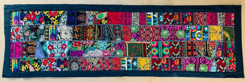 Indian Black Multi Colour Cotton Recycled Patchwork Embroidered Table Runner Wall Hanging 40 cm x 150 cm