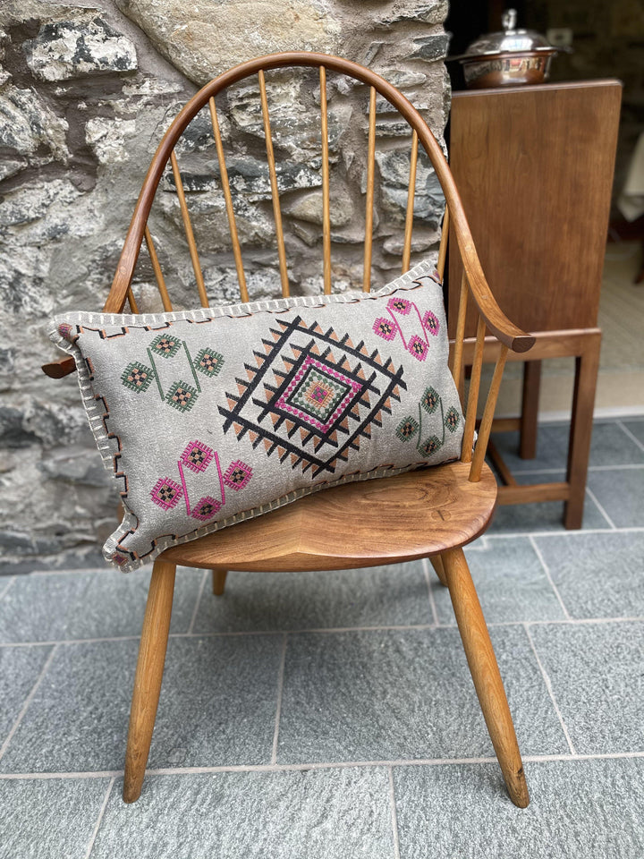 Stonewash Cushion Cover with Indian Embroidery Detail - Second Nature Online