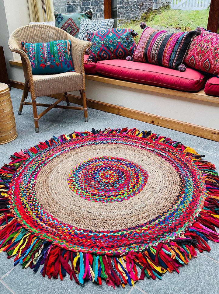 JHAALAR Round Indian Rug Jute with Thick Multi Coloured Tassels - Second Nature Online