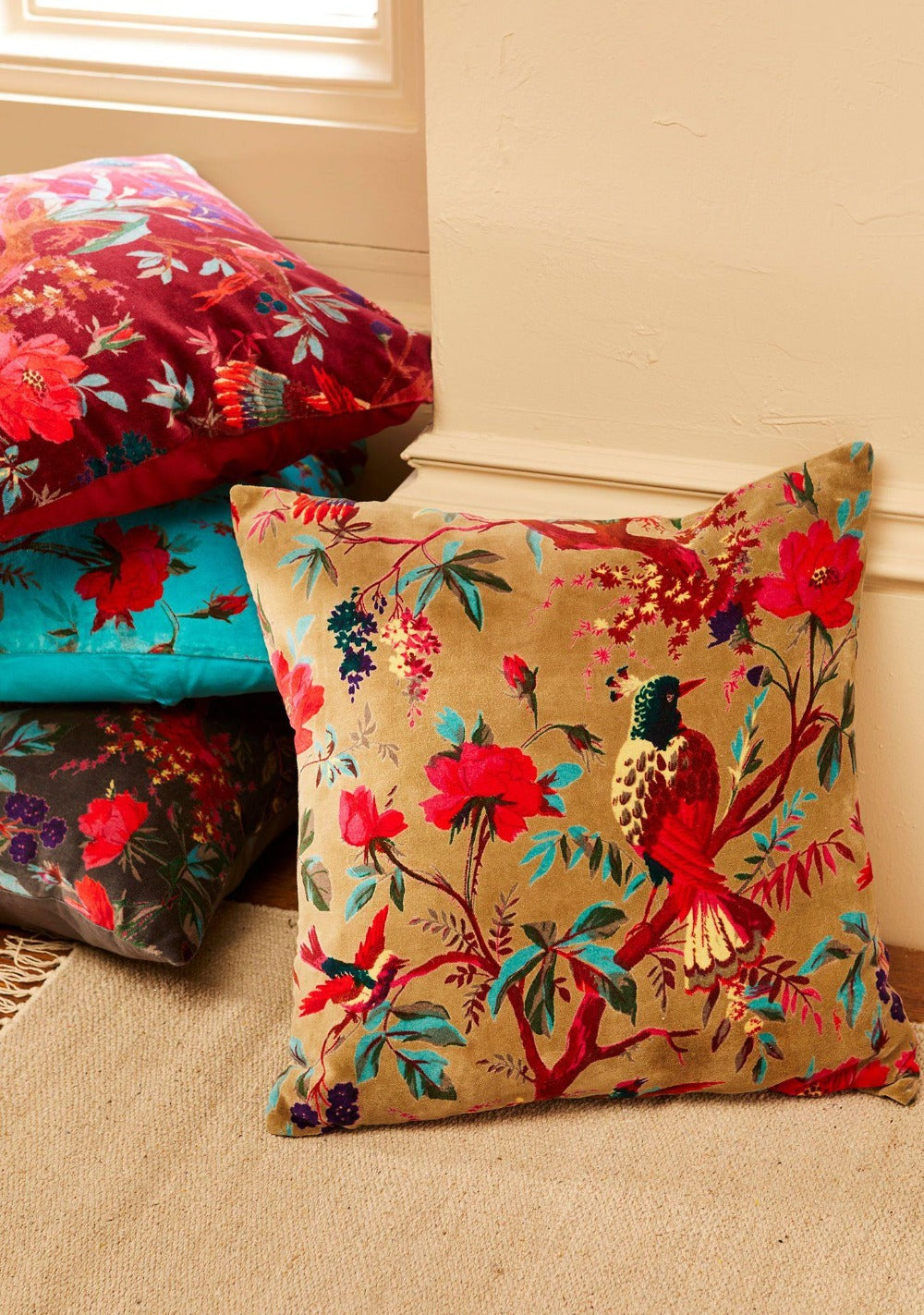Velvet Cushion Cover with Bird of Paradise Design - Second Nature Online