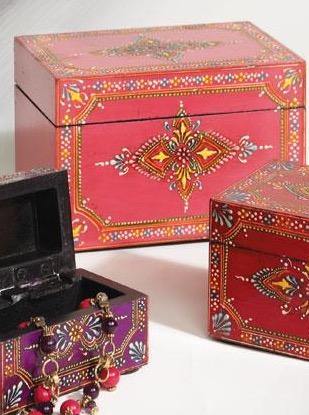 Small Indian Box Set in Pink Red Purple Hand Painted Wood - Second Nature Online