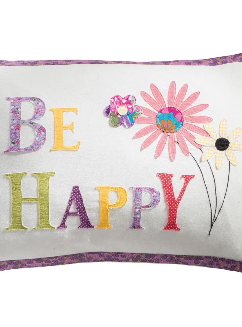 Be Happy Cotton Appliqué Flower Cushion