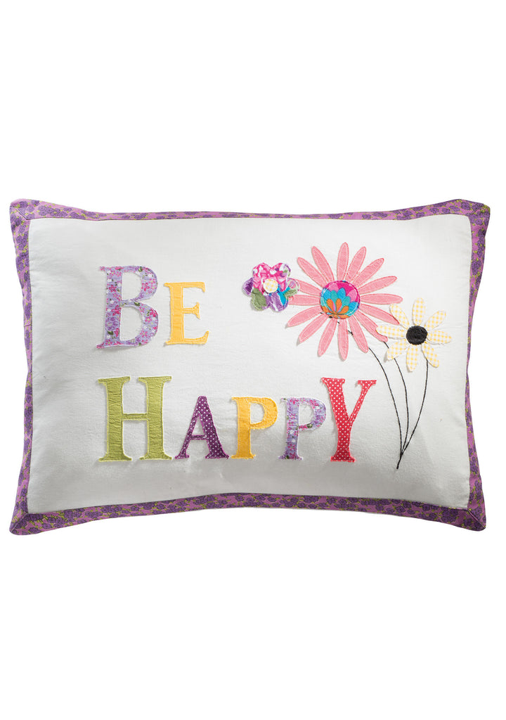 Be Happy Cotton Appliqué Flower Cushion