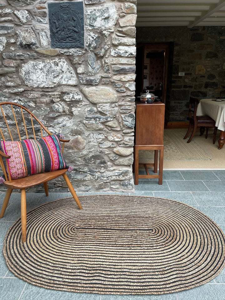 Beige and Black Striped Oval Jute Cotton Rug - Second Nature Online