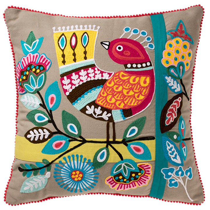 Indian Birds Embroidered Cushion Cover in Multi Colour Cotton - Second Nature Online