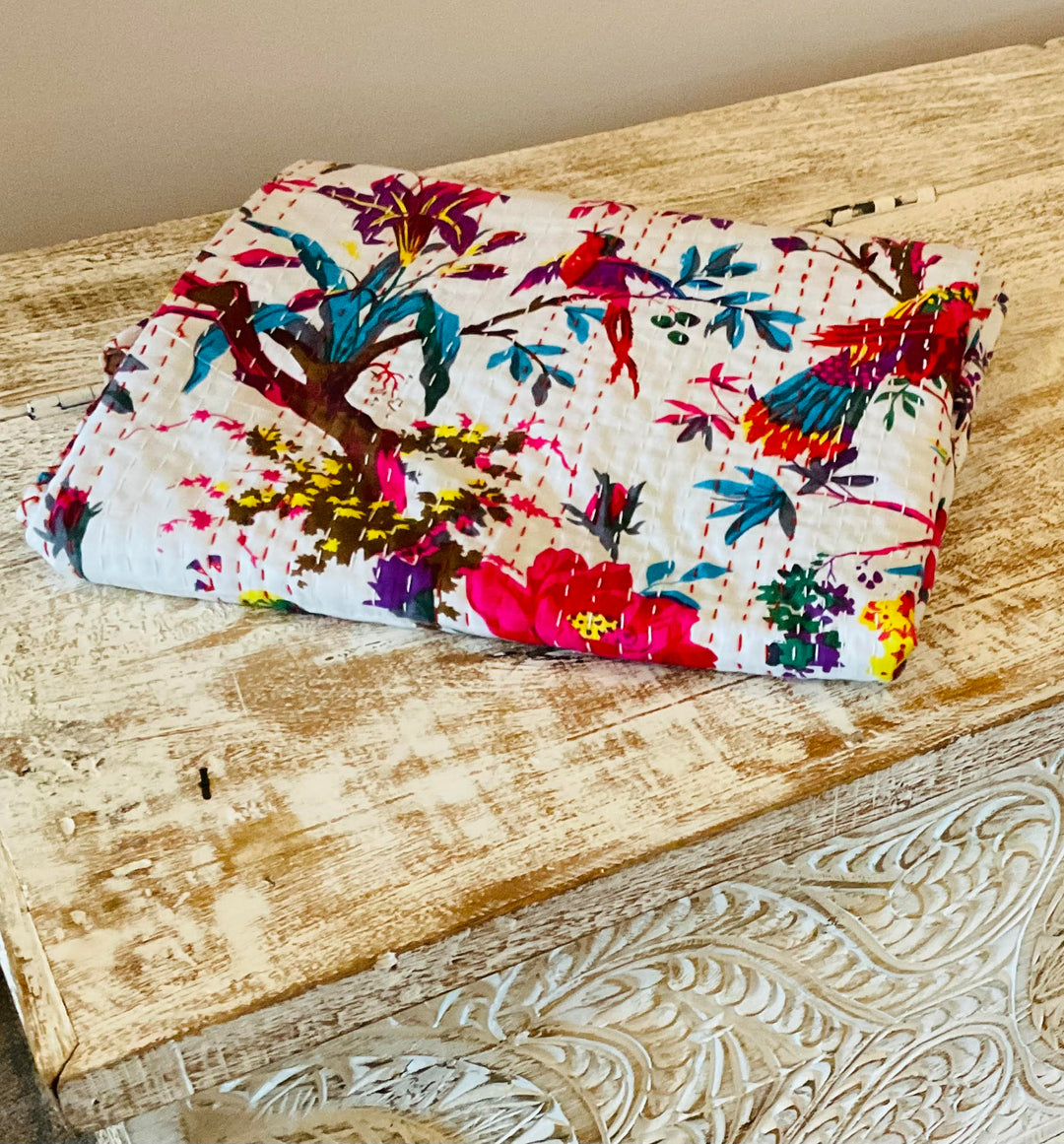 Vintage Indian Birds Kantha Recycled Multi Colour White Cotton Throw Bedspread Cover 150 cm x 216 cm