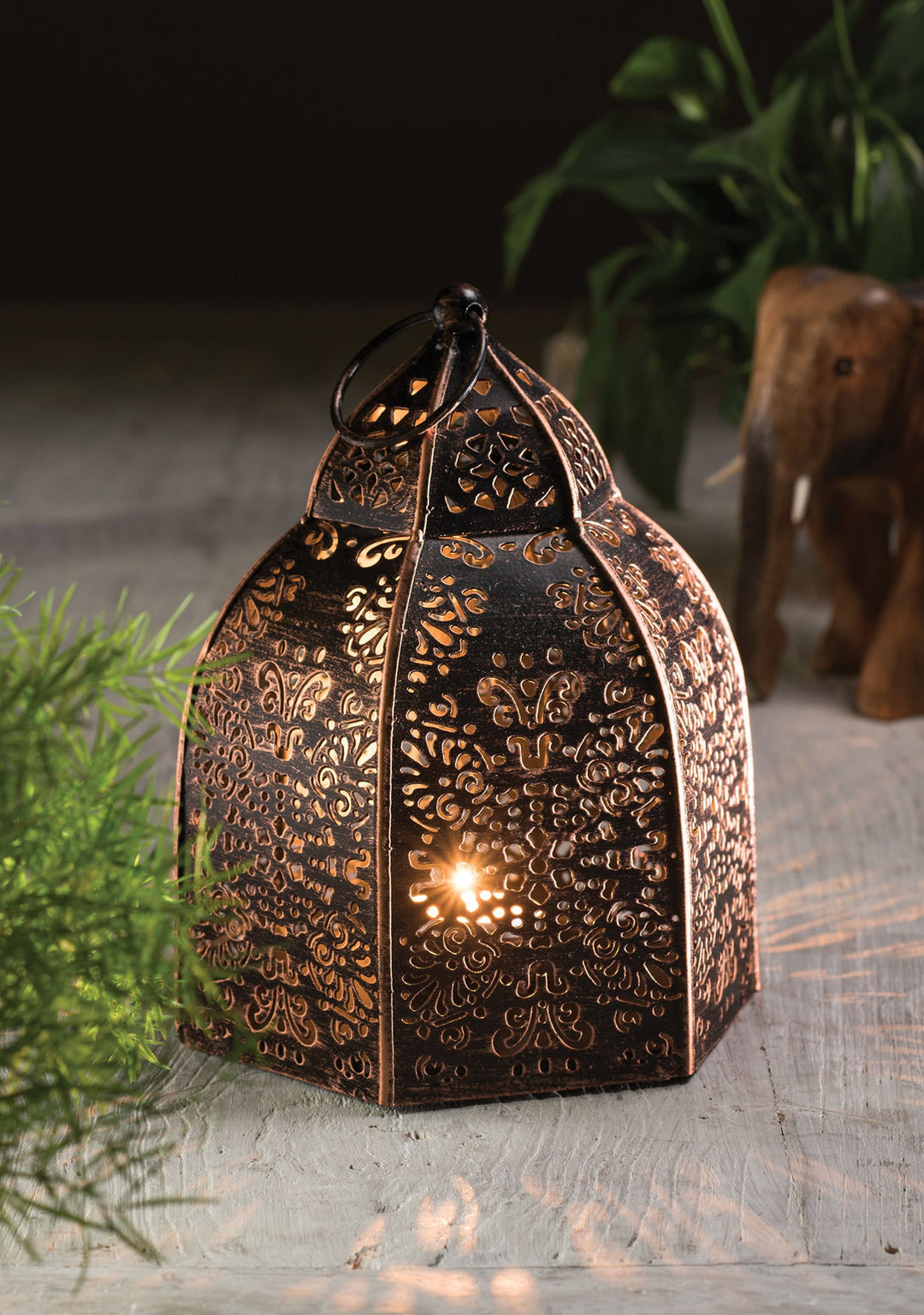 Indian Hand Cut Black with Copper Finish Recycled Iron Lantern