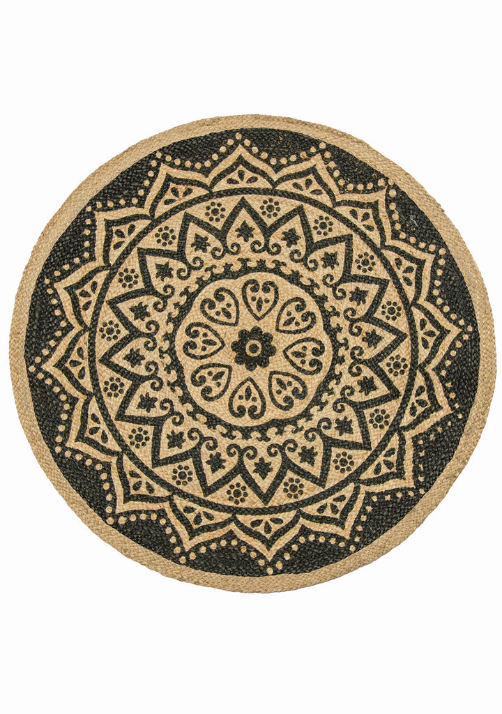 Natural Black Mandala Printed Jute Round Rug 90 cm Diameter