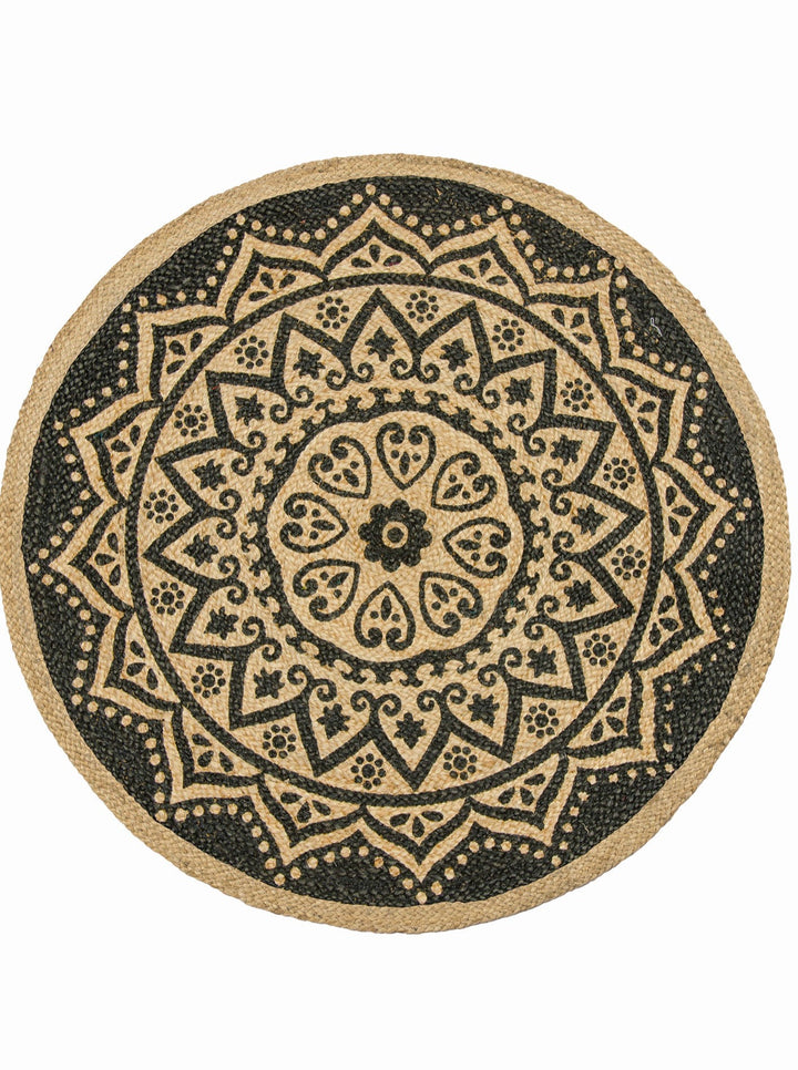 Natural Black Mandala Printed Jute Round Rug 90 cm Diameter