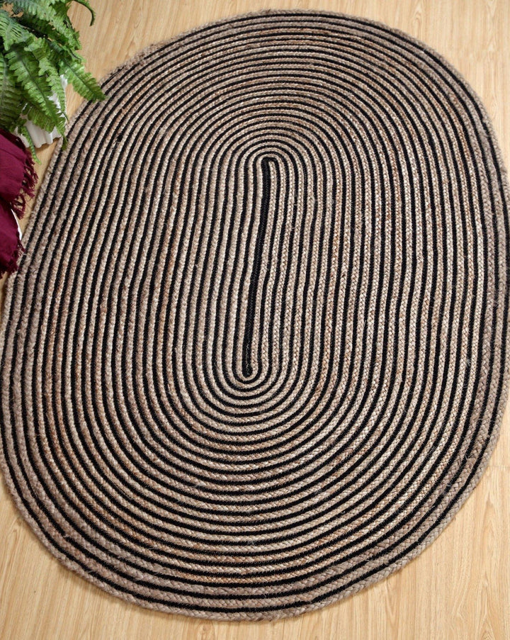 Black Rug CHAKKAR DARK Stripe Oval Jute with Chair living Room Second Nature Online
