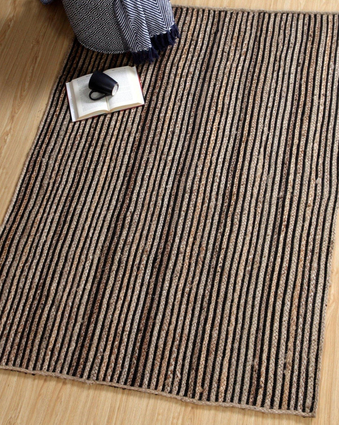 Black Rug CHAKKAR DARK Stripe Rectangular Jute with Chair living Room Second Nature Online