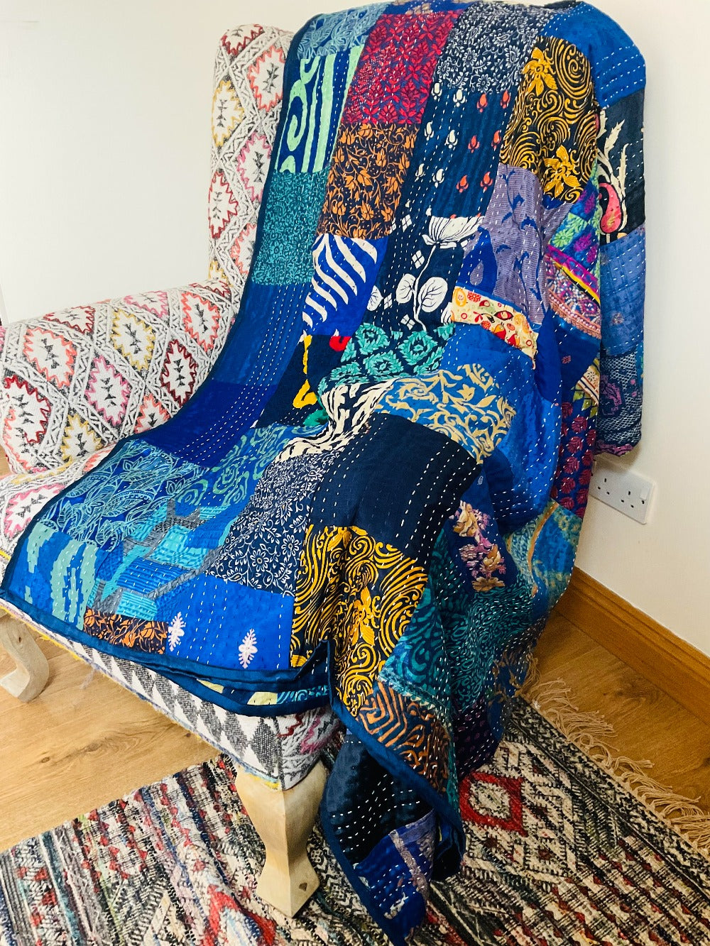 Handmade Indian Kantha Recycled Blue Patchwork Cotton Sari Throw Bedspread Cover 230 cm x 280 cm
