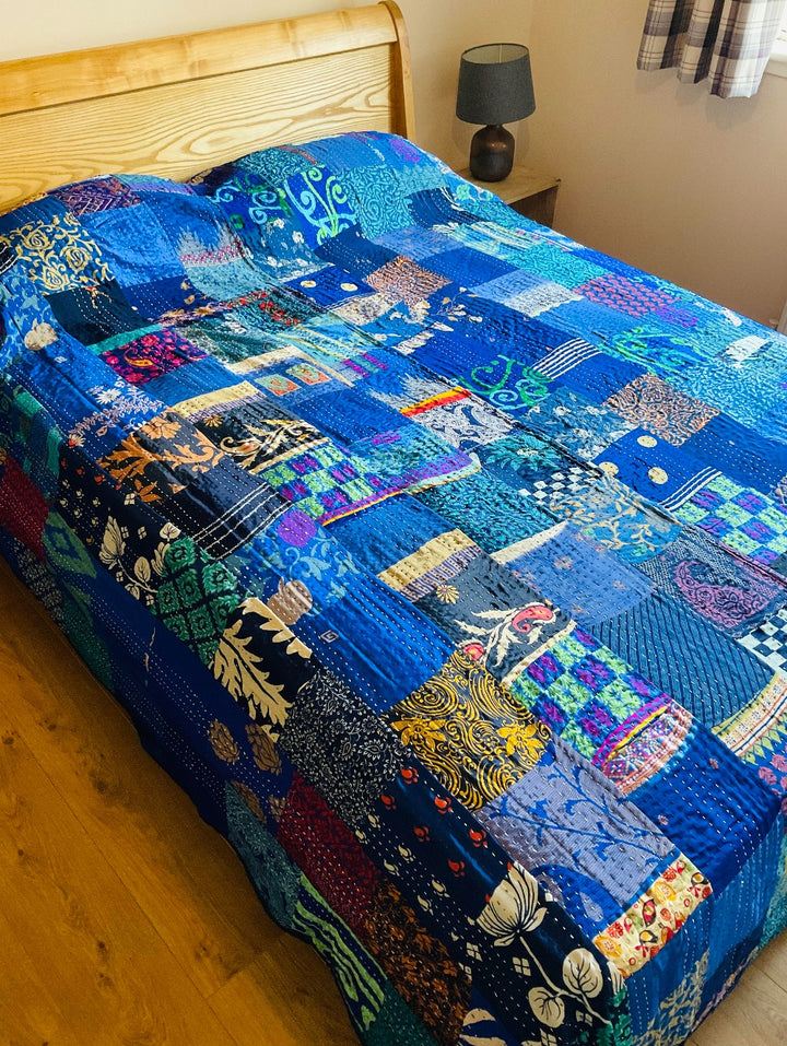 Handmade Indian Kantha Recycled Blue Patchwork Cotton Sari Throw Bedspread Cover 230 cm x 280 cm