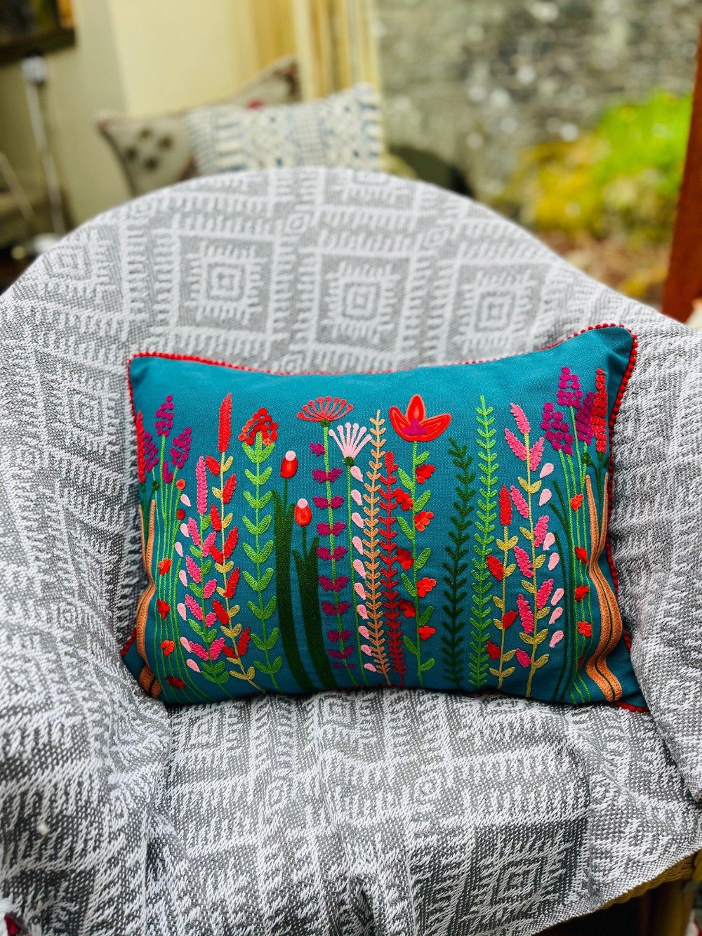 Embroidered Cushion Cover Indian with Abstract Floral Design - Second Nature Online