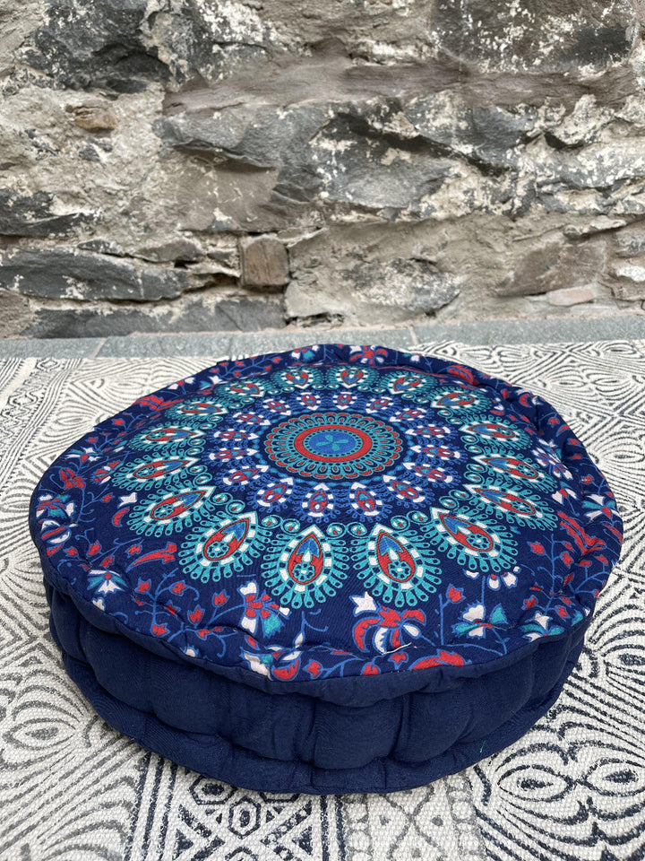 Round Yoga Cushion for Pilates and Meditation in Peacock Design - Second Nature Online