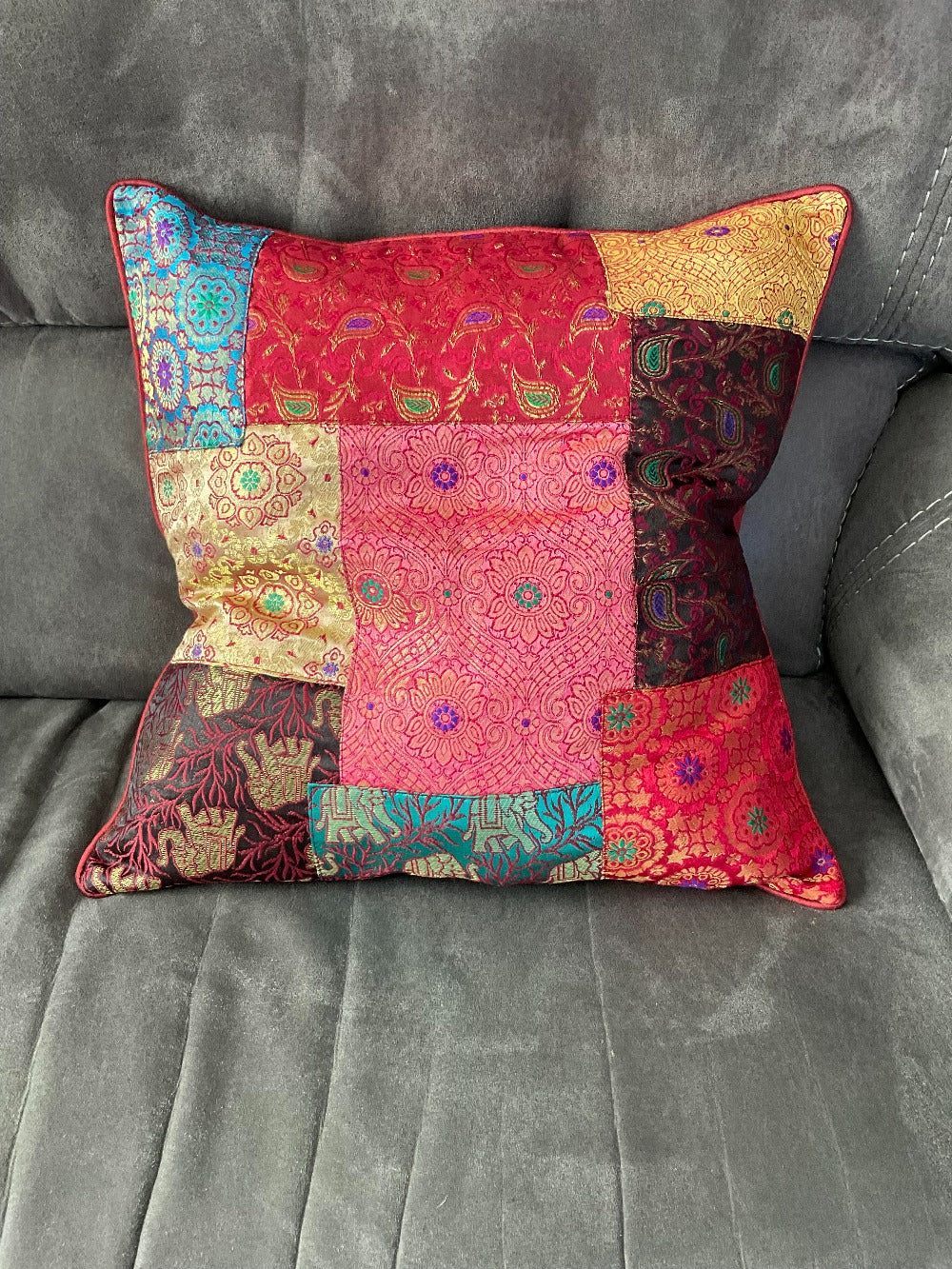 Cushion Cover made with Recycled Sari and Brocade Patchwork