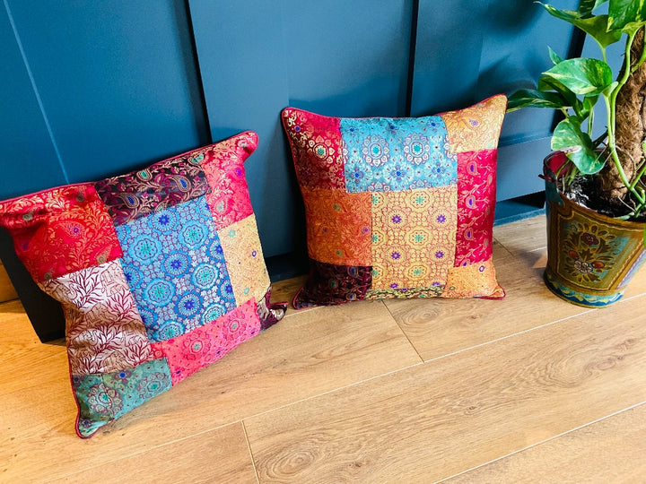 Cushion Cover made with Recycled Sari and Brocade Patchwork