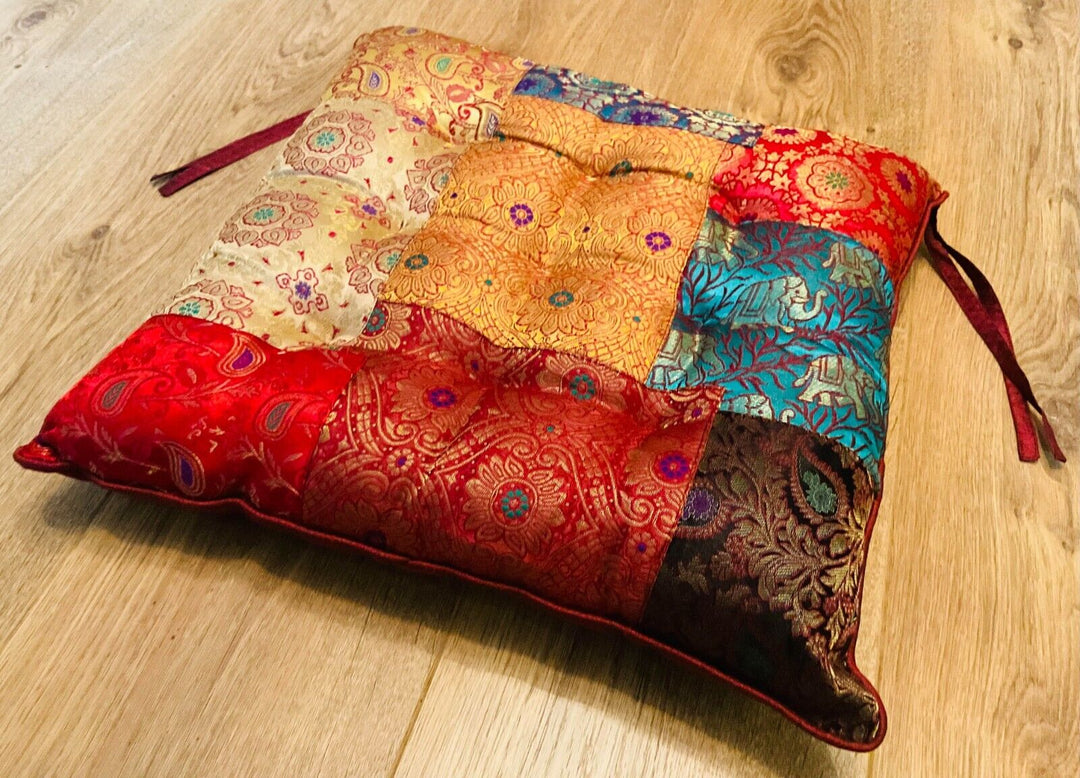 Chair Pad Cushions made with Recycled Sari and Brocade Patchwork