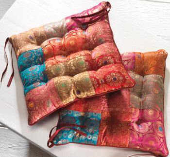 Chair Pad Cushions made with Recycled Sari and Brocade Patchwork - Second Nature Online
