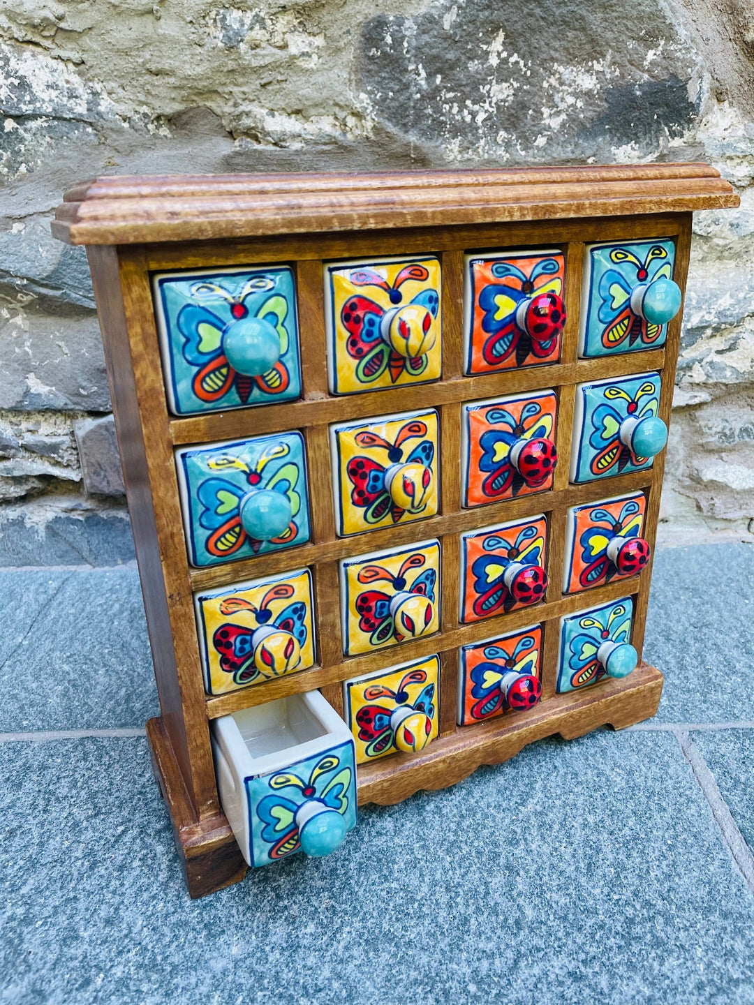 Mango Wood Hand Painted Butterfly Ceramic 16 Drawer Chest