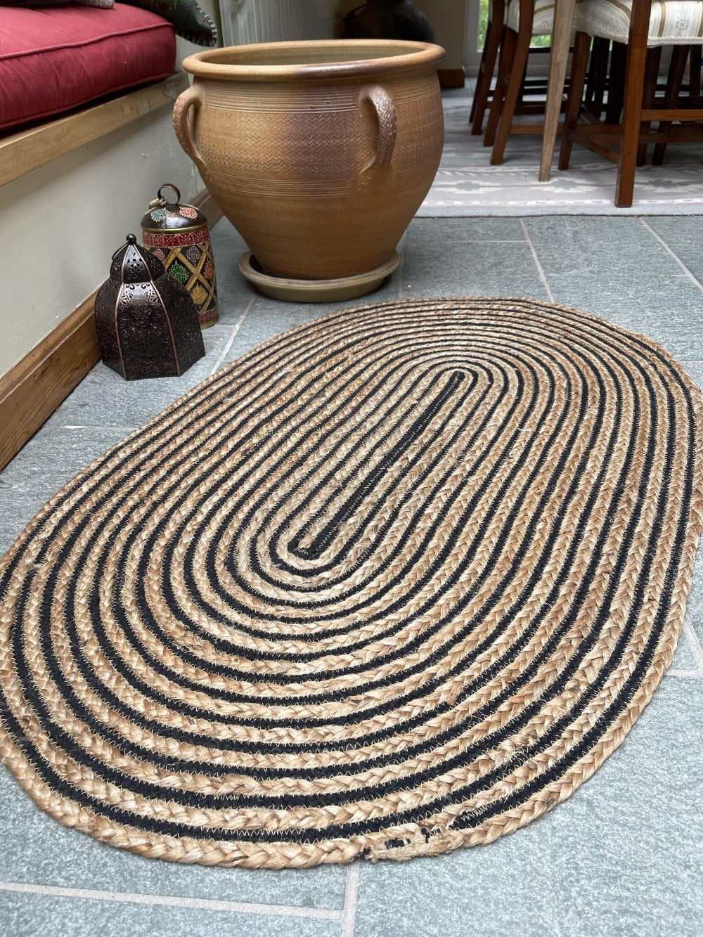 CHAKKAR DARK Stripe Oval Jute Beige Black Living Room Rug - Second Nature Online
