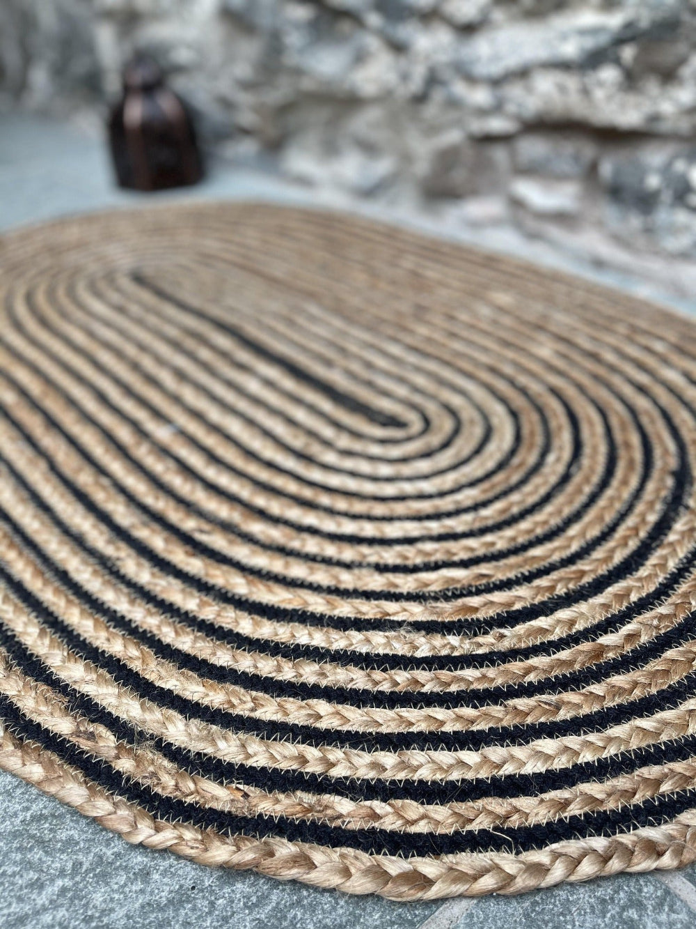 CHAKKAR DARK Stripe Oval Jute Beige Black Rug - Second Nature Online