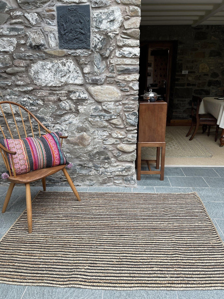 CHAKKAR DARK Stripe Rectangular Jute Beige Black Rug - Second Nature Online