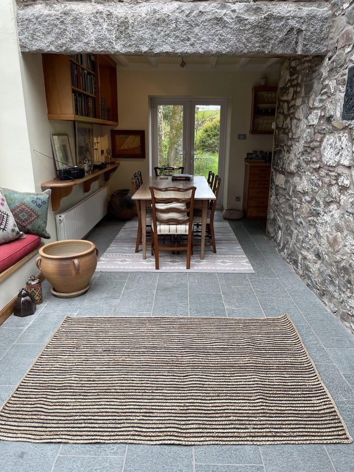 CHAKKAR DARK Stripe Rectangular Jute Beige Black Rug - Second Nature Online