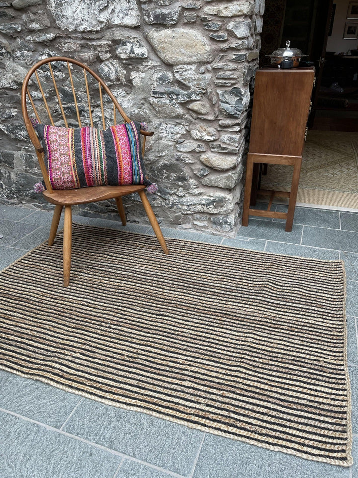 CHAKKAR DARK Stripe Rectangular Jute Beige Black Rug - Second Nature Online