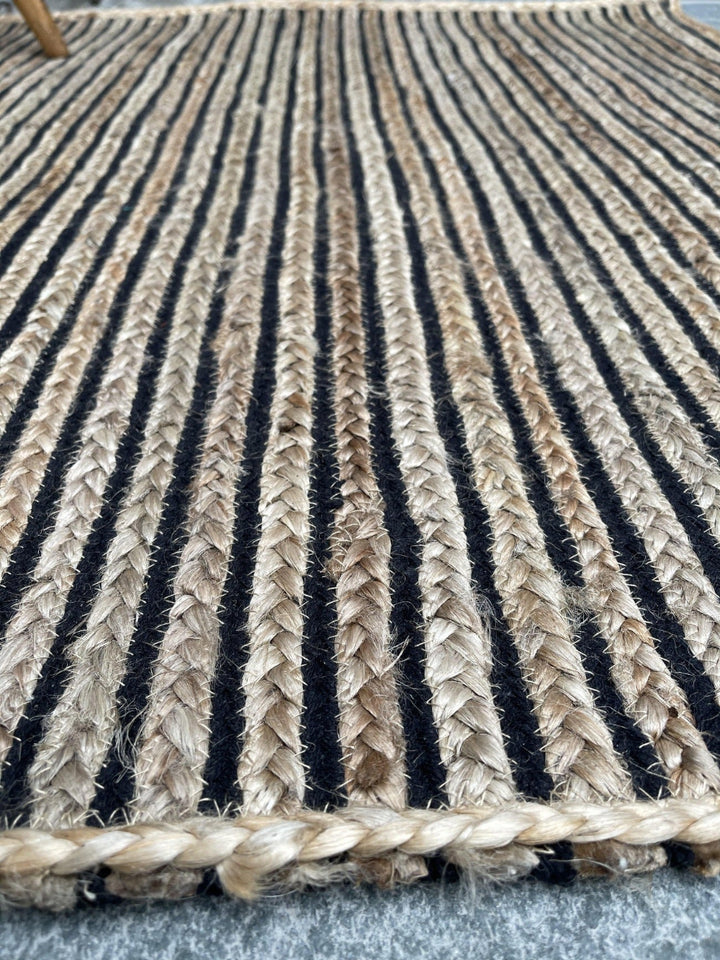CHAKKAR DARK Stripe Rectangular Jute Beige Black Rug - Second Nature Online