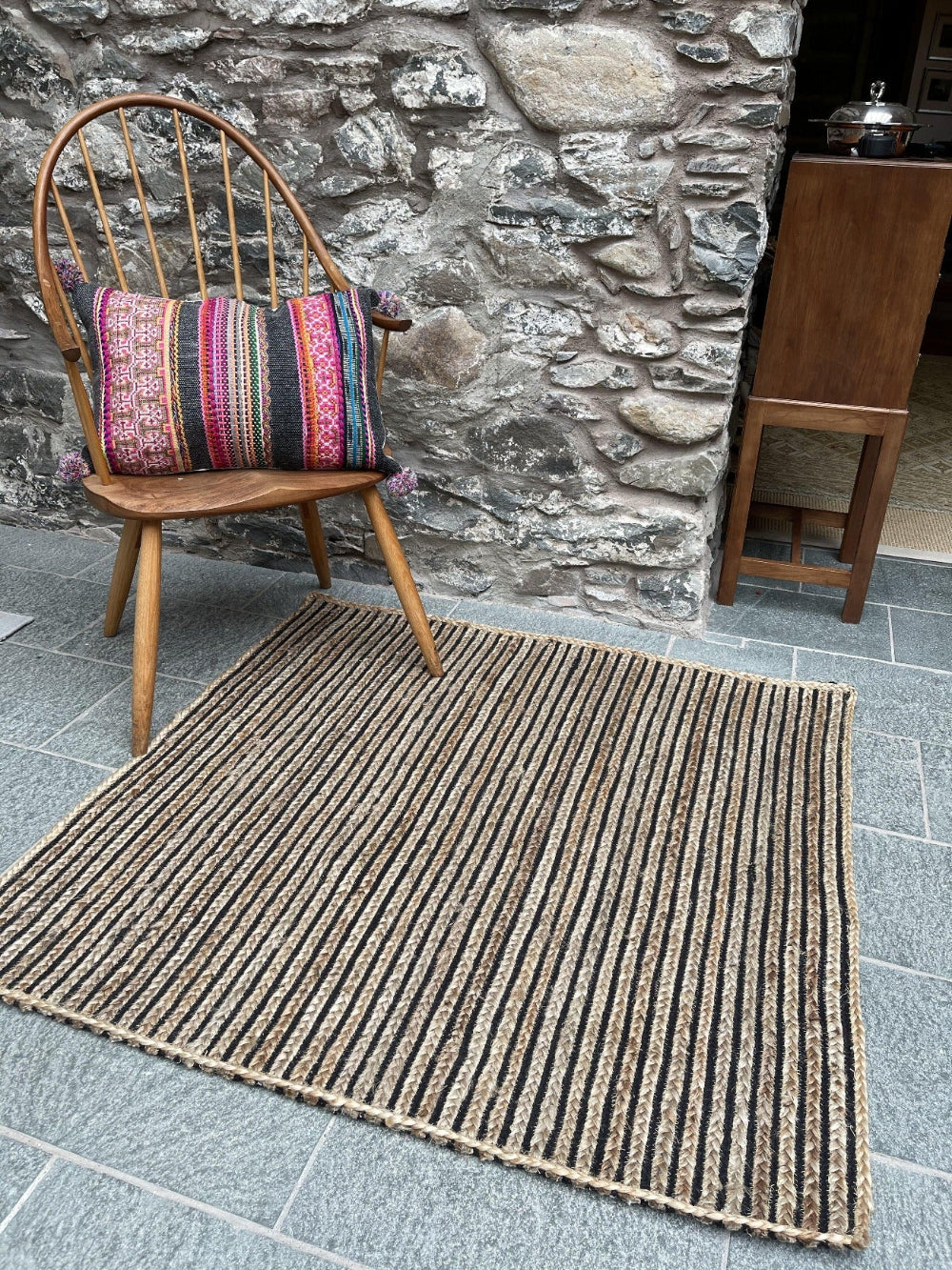CHAKKAR DARK Stripe Square Jute Beige Black Rug - Second Nature Online