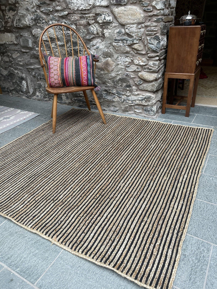 CHAKKAR DARK Stripe Square Jute Beige Black Rug - Second Nature Online
