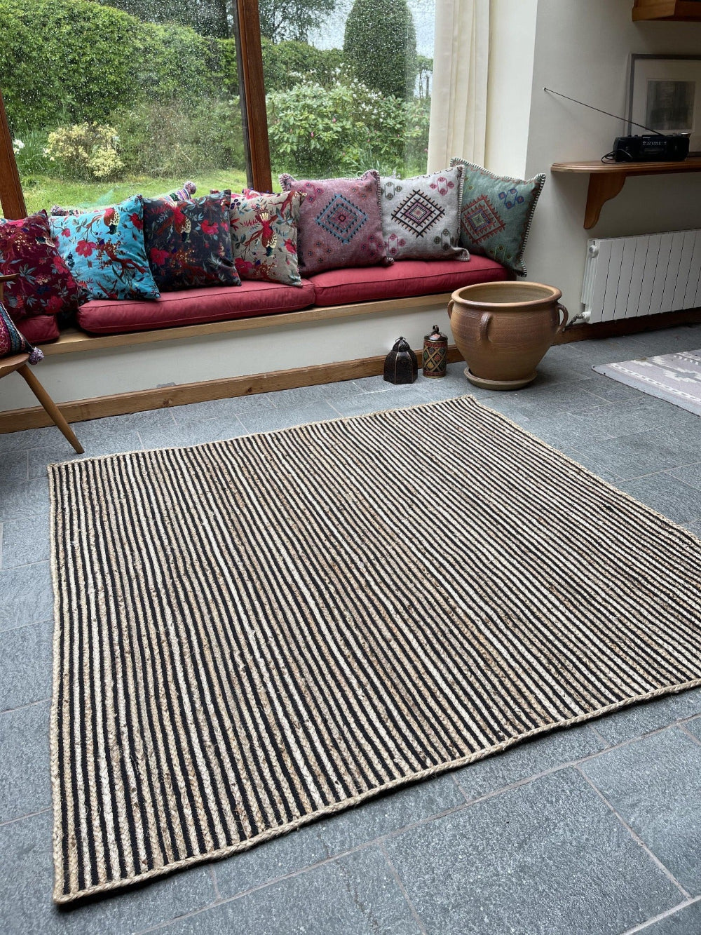 CHAKKAR DARK Stripe Square Jute Beige Black Rug - Second Nature Online