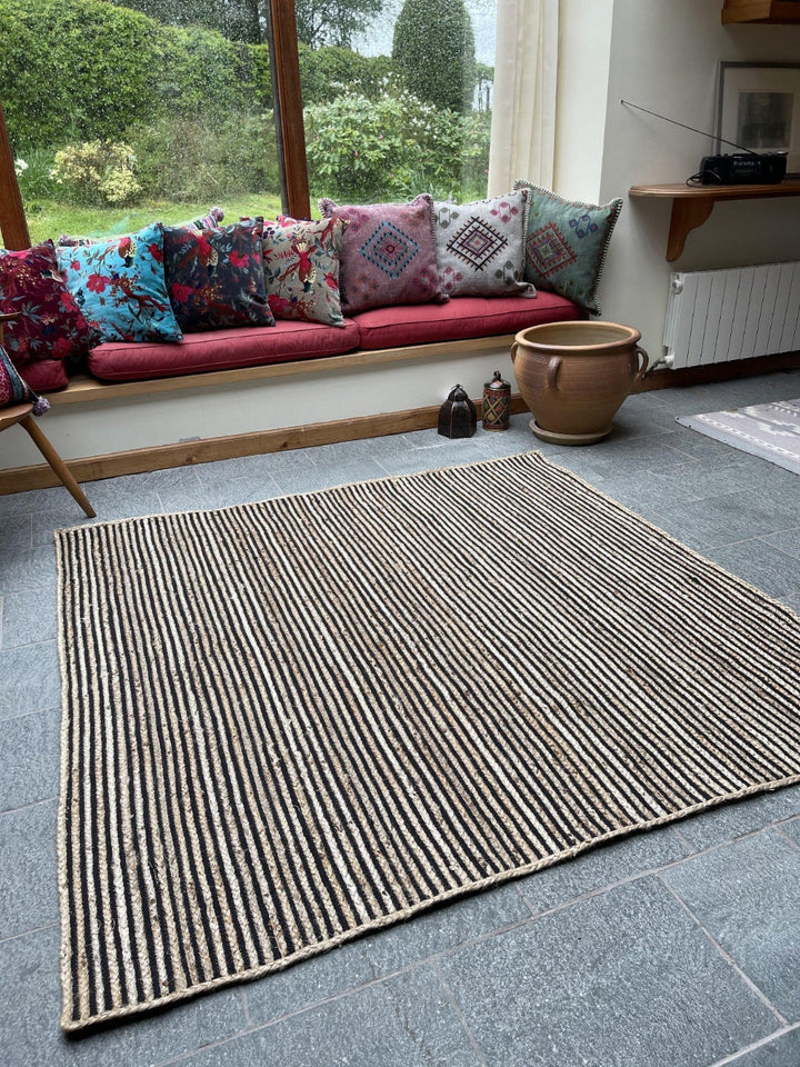 CHAKKAR DARK Stripe Square Jute Beige Black Rug - Second Nature Online