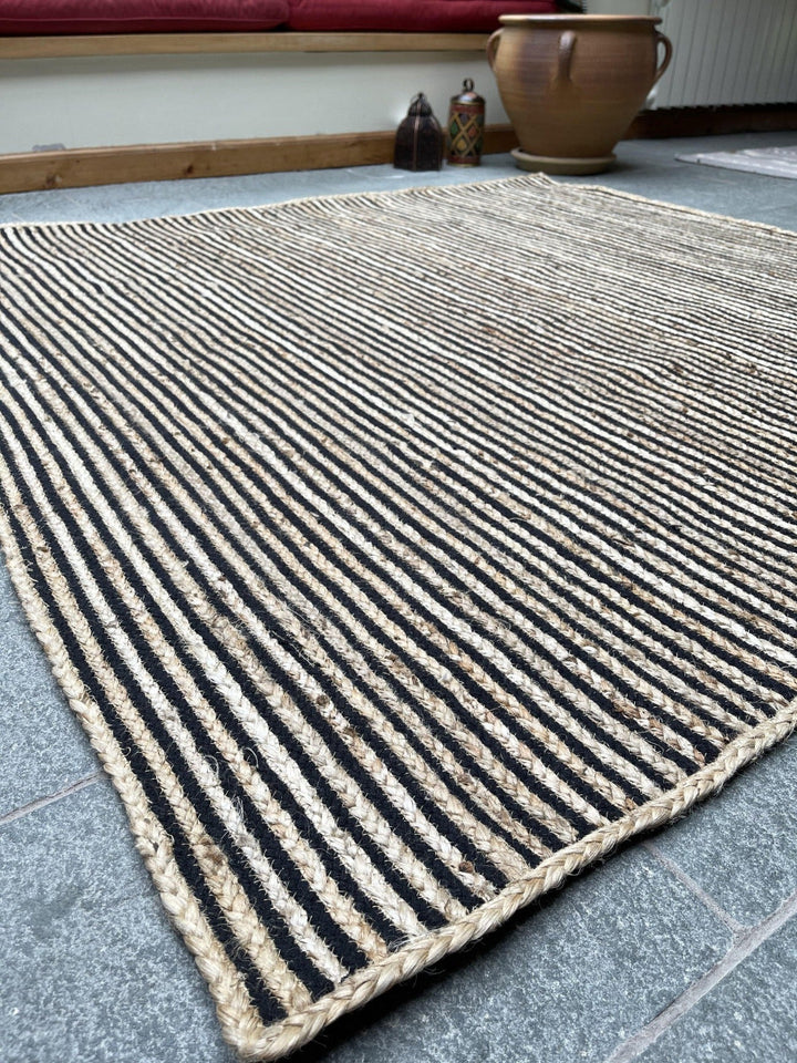 CHAKKAR DARK Stripe Square Jute Beige Black Rug - Second Nature Online