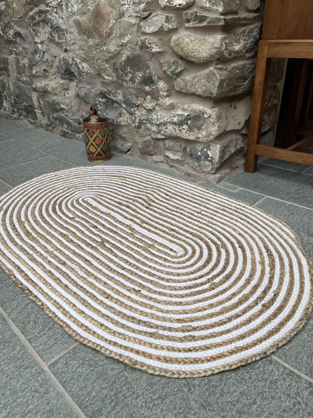 CHAKKAR PALE Stripe Oval Jute Beige Hall Rug - Second Nature Online