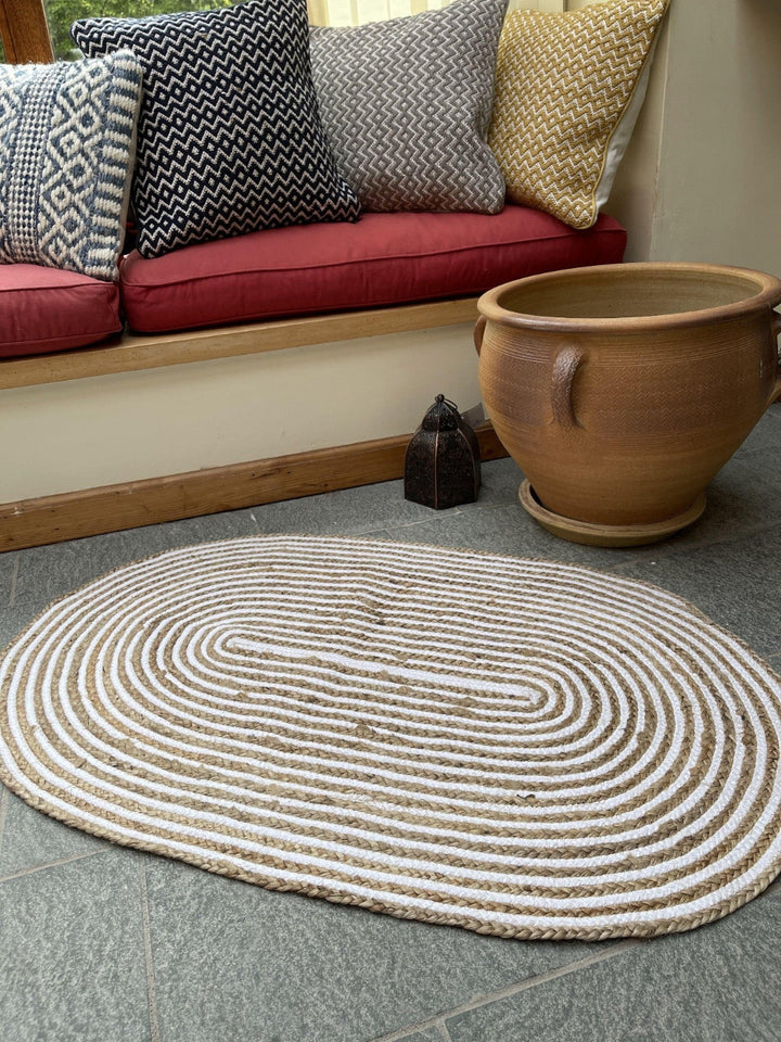 CHAKKAR PALE Stripe Oval Jute Beige Hall Rug - Second Nature Online