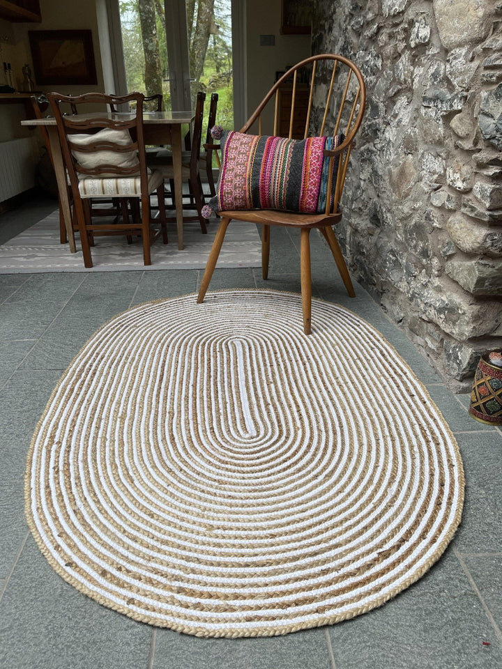 CHAKKAR PALE Stripe Oval Jute Beige Hall Rug - Second Nature Online