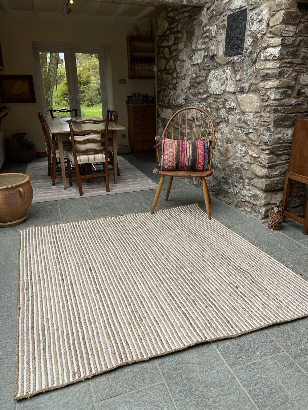 CHAKKAR PALE Stripe Square Jute Beige Hall Rug - Second Nature Online