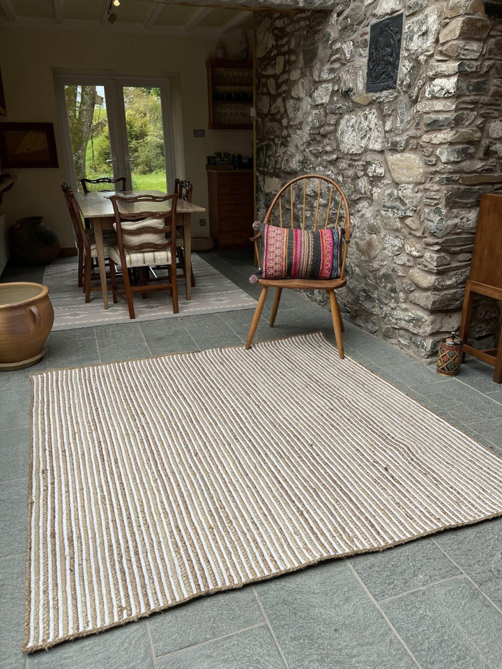 CHAKKAR PALE Stripe Square Jute Beige Hall Rug - Second Nature Online