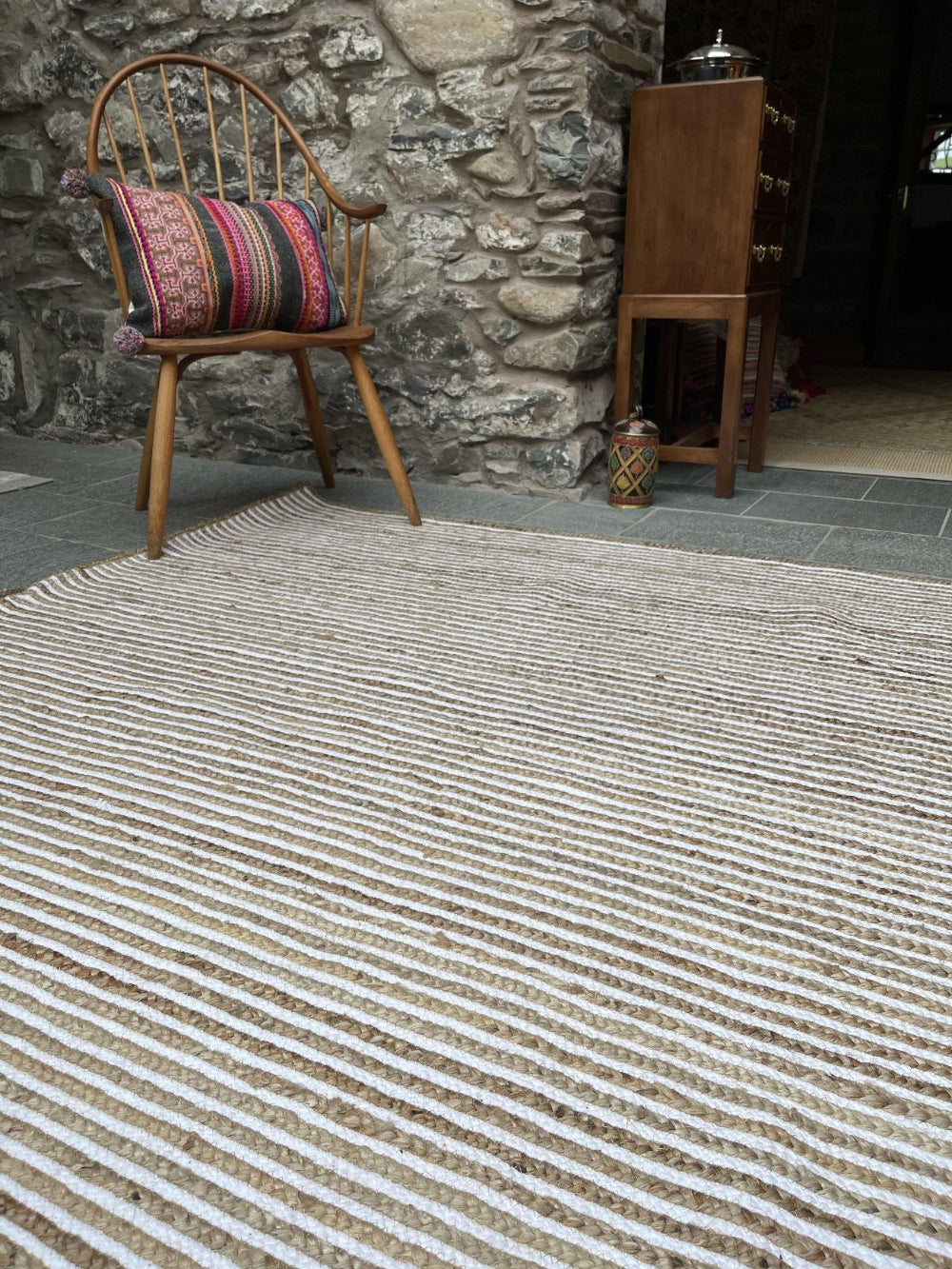 CHAKKAR PALE Stripe Square Jute Beige Hall Living Room Area Rug - Second Nature Online