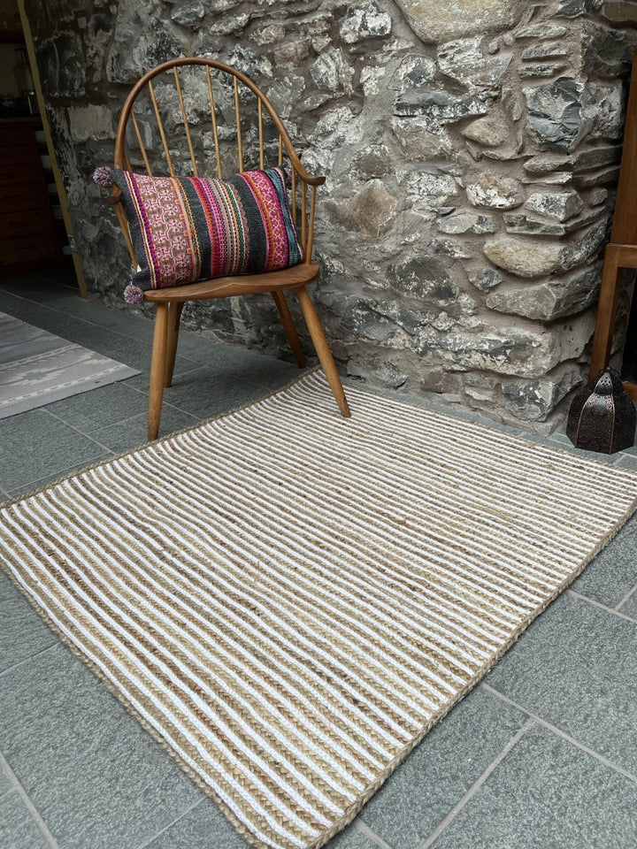 CHAKKAR PALE Stripe Square Jute Beige Hall Rug - Second Nature Online