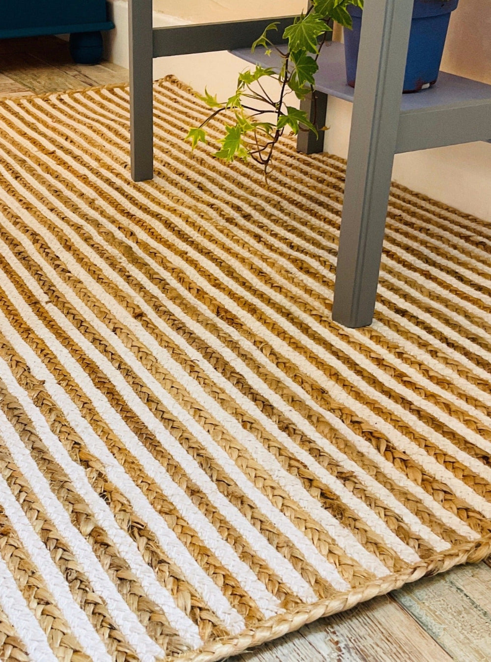 Close Up of Jute Braided Striped Square Rug - Second Nature Online