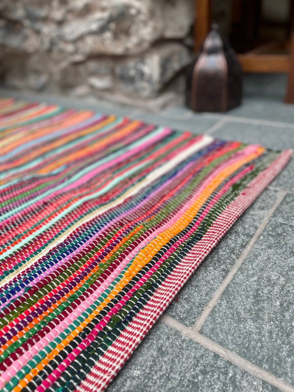 Close Up of Rainbow Striped Rug - Second Nature Online