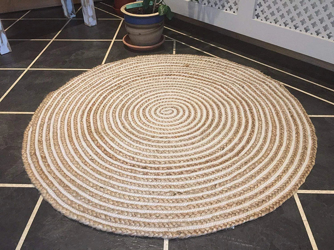 Grand Bazaar Fair Trade Round Natural Beige Braided Jute Cotton Stripe Indian Rug