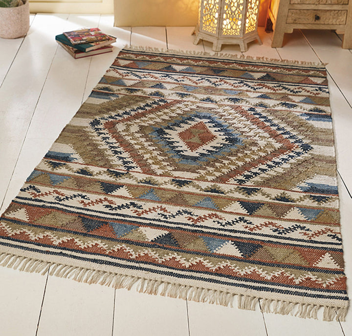 Recycled Cotton Kilim Rug With Geometric Pattern - Second Nature Online