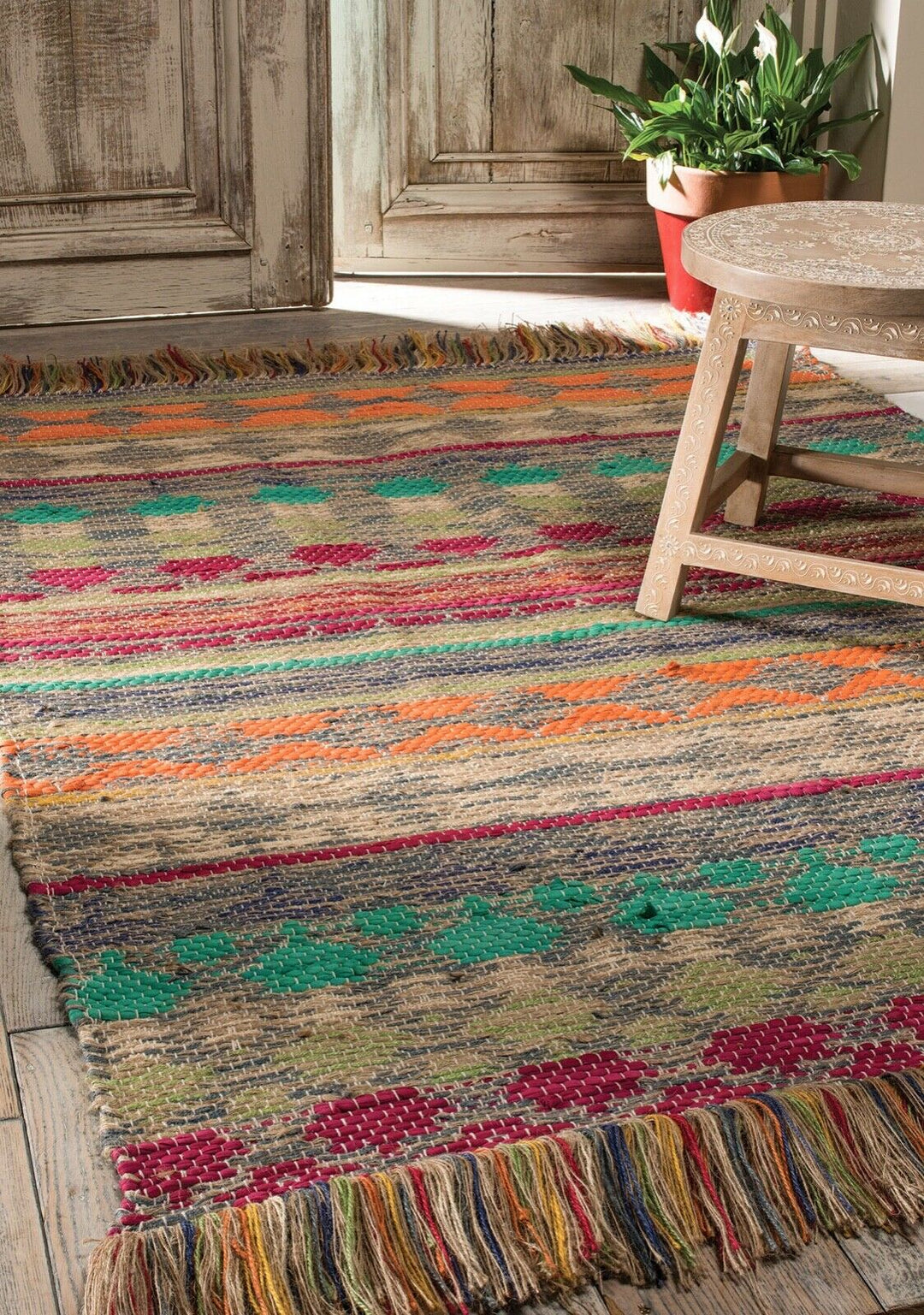 Multi Colour Cotton and Jute Hand Loomed Geometric Rug 2 Sizes