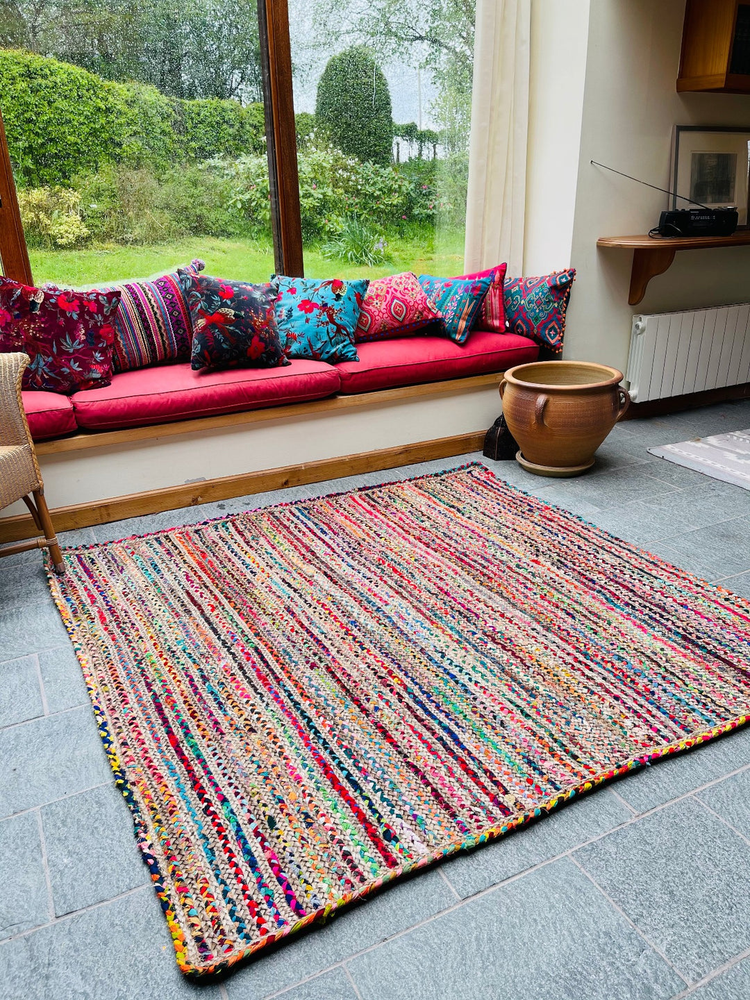 MISHRAN Square Rug Jute Hand Woven with Multicolour Recycled Fabric