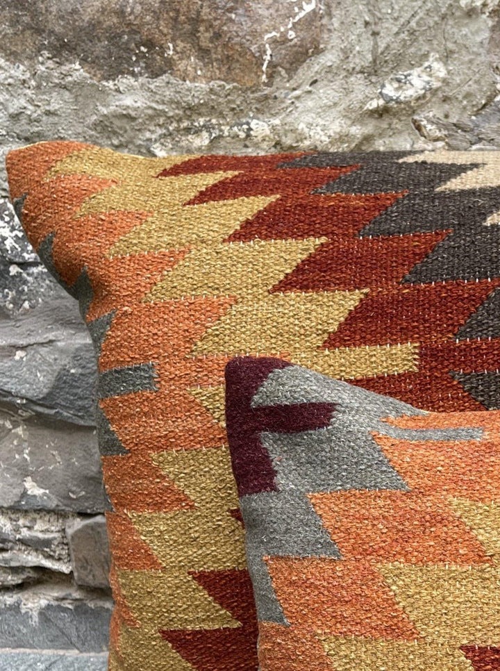 Alwar Kilim Cushion Cover Geometric Orange Brown Red Design - Second Nature Online
